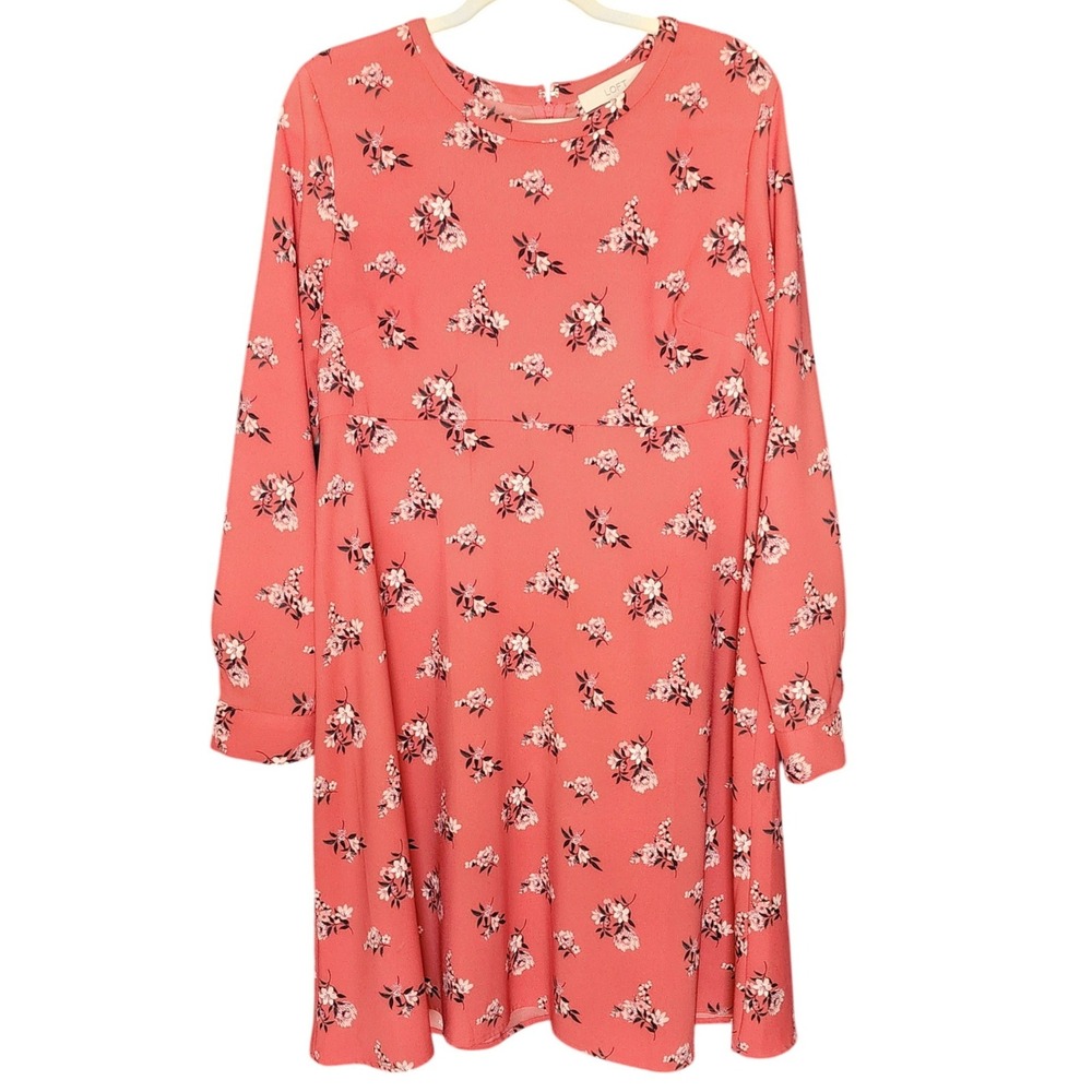LOFT Garden Mini Dress Coral Pink Floral Print Long Sleeve Empire Waist 12M